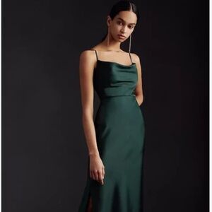 BHLDN Cali Satin Cowl-Neck Midi Slip Dress - Emerald